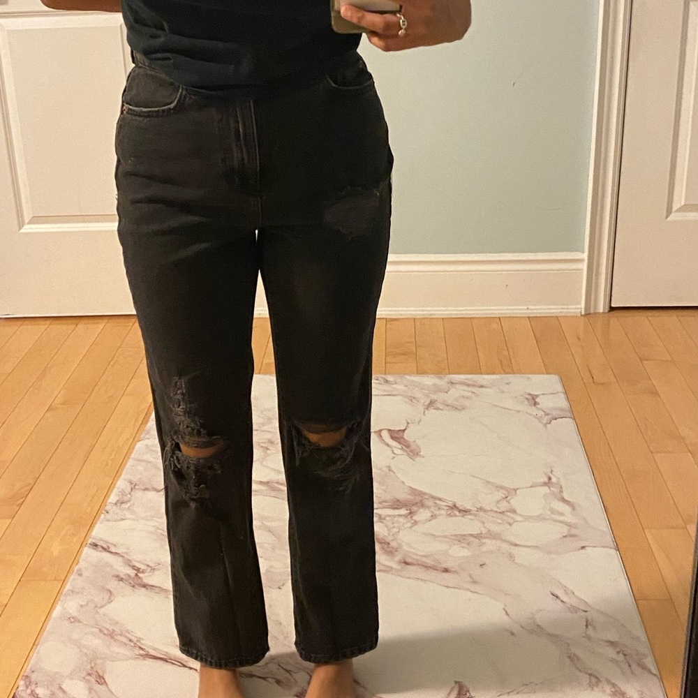 High waisted, straight leg black jeans